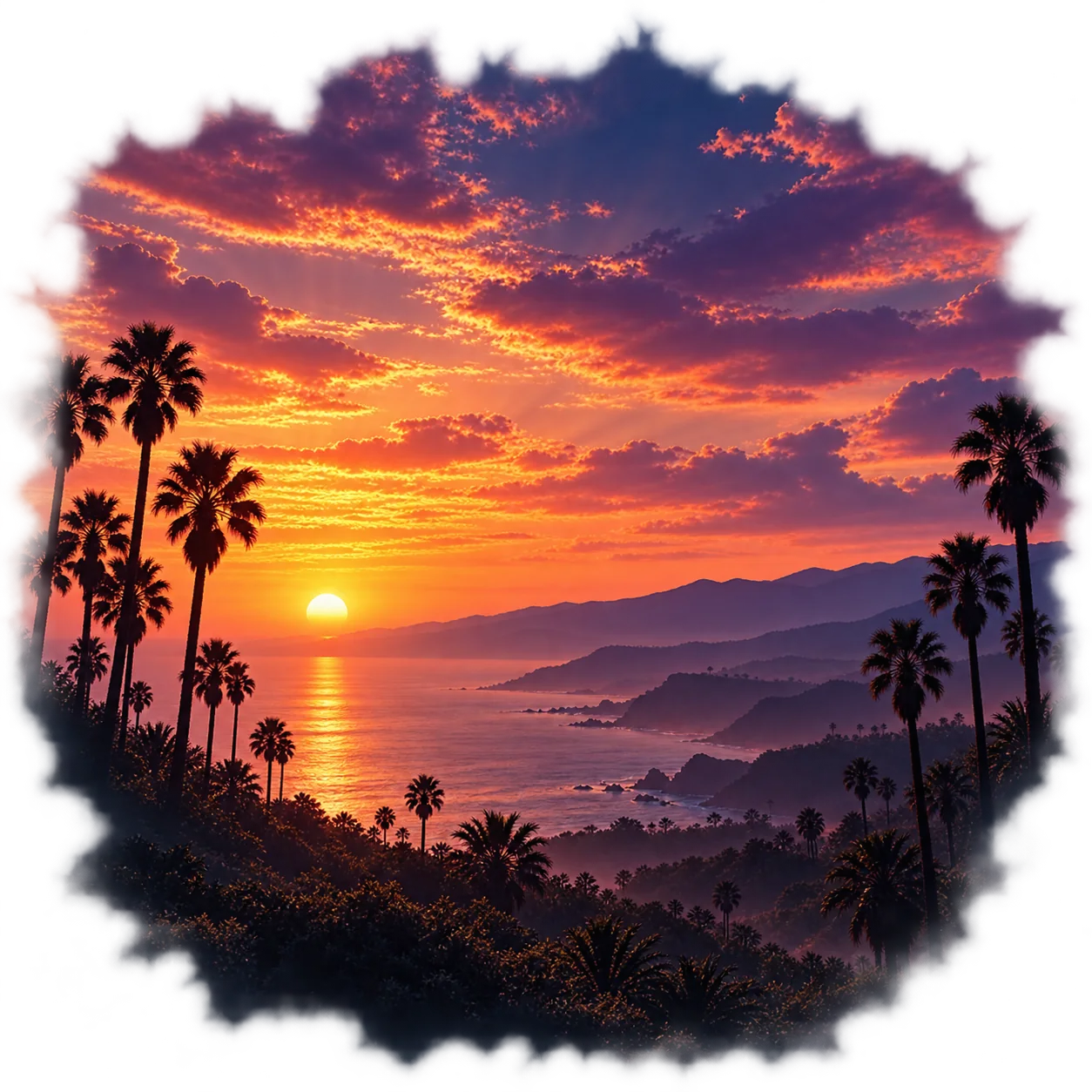 Square Southern California sunset with palm trees and coastal mountains